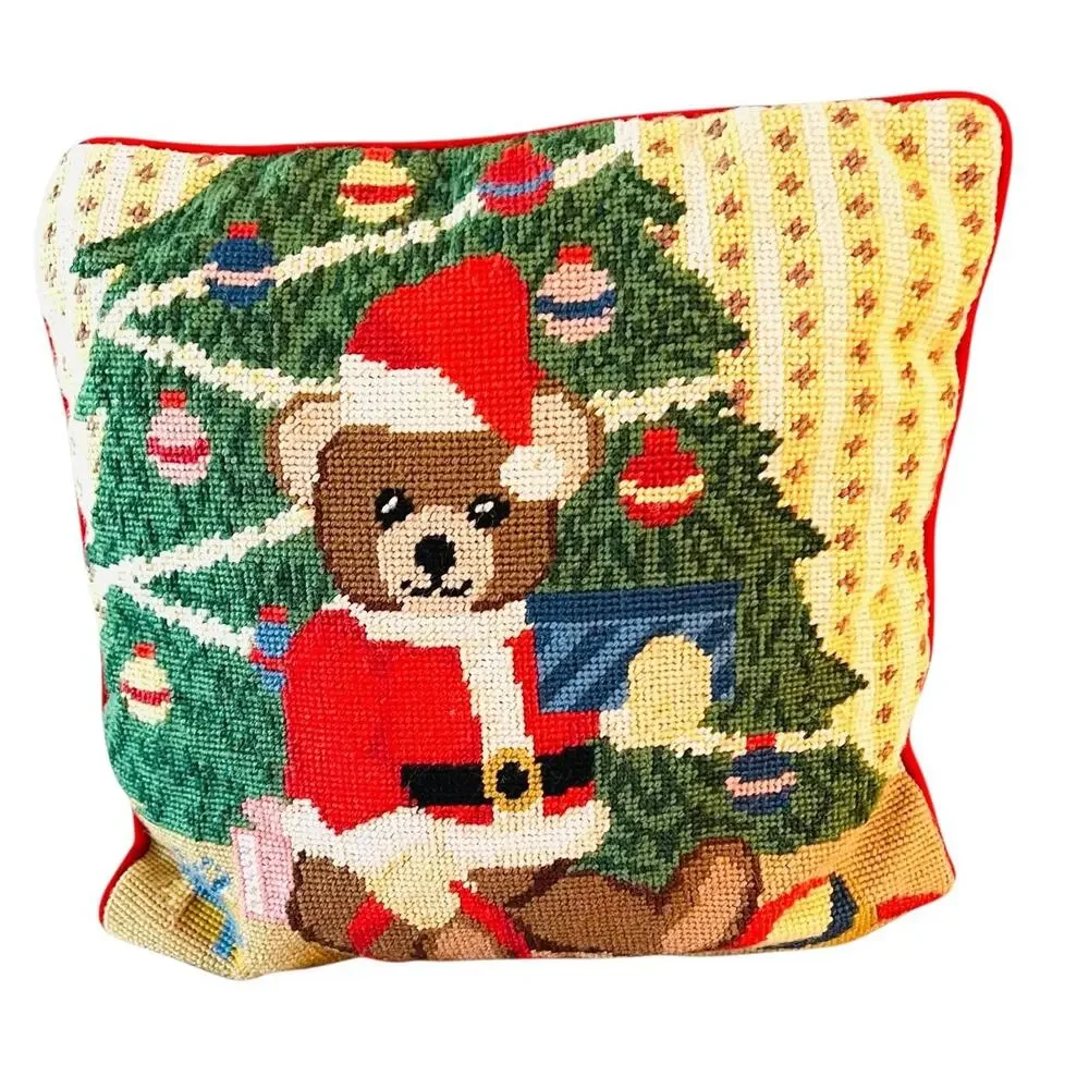 NEW Vintage Needlepoint Velvet Christmas Santa Bear Pillow BM JABARA 1779-19